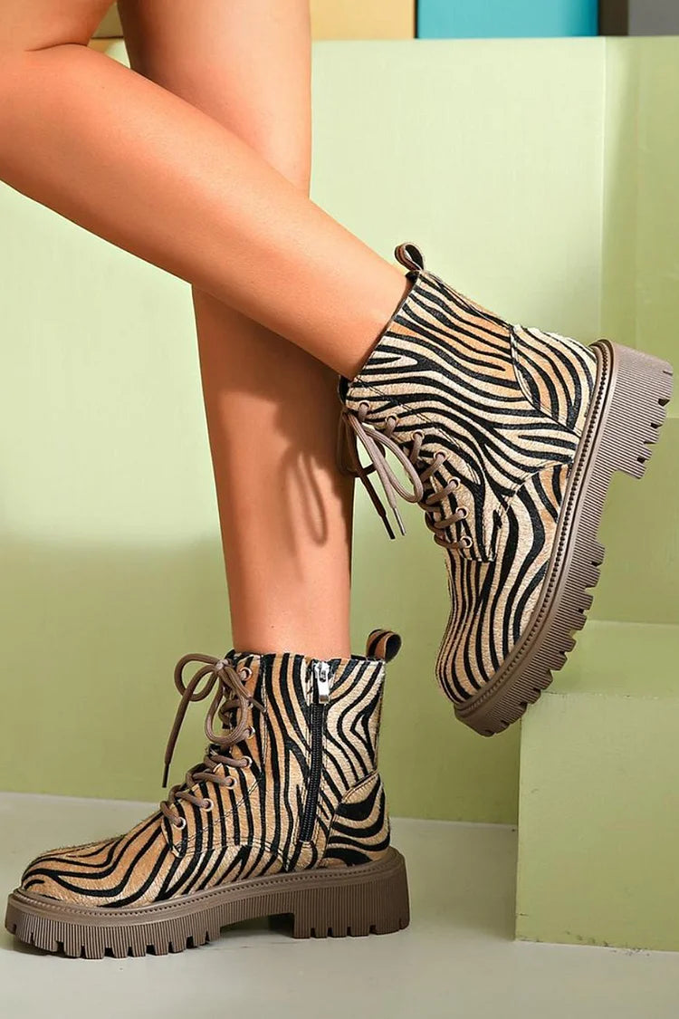 ZEBRA PRINT LACE-UP BOOTS