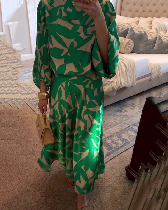 Set Dress Casual Printed Lantern Sleeves Temperament