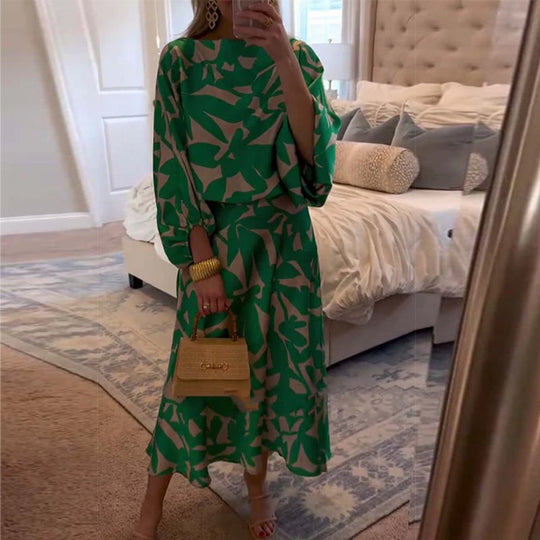 Set Dress Casual Printed Lantern Sleeves Temperament